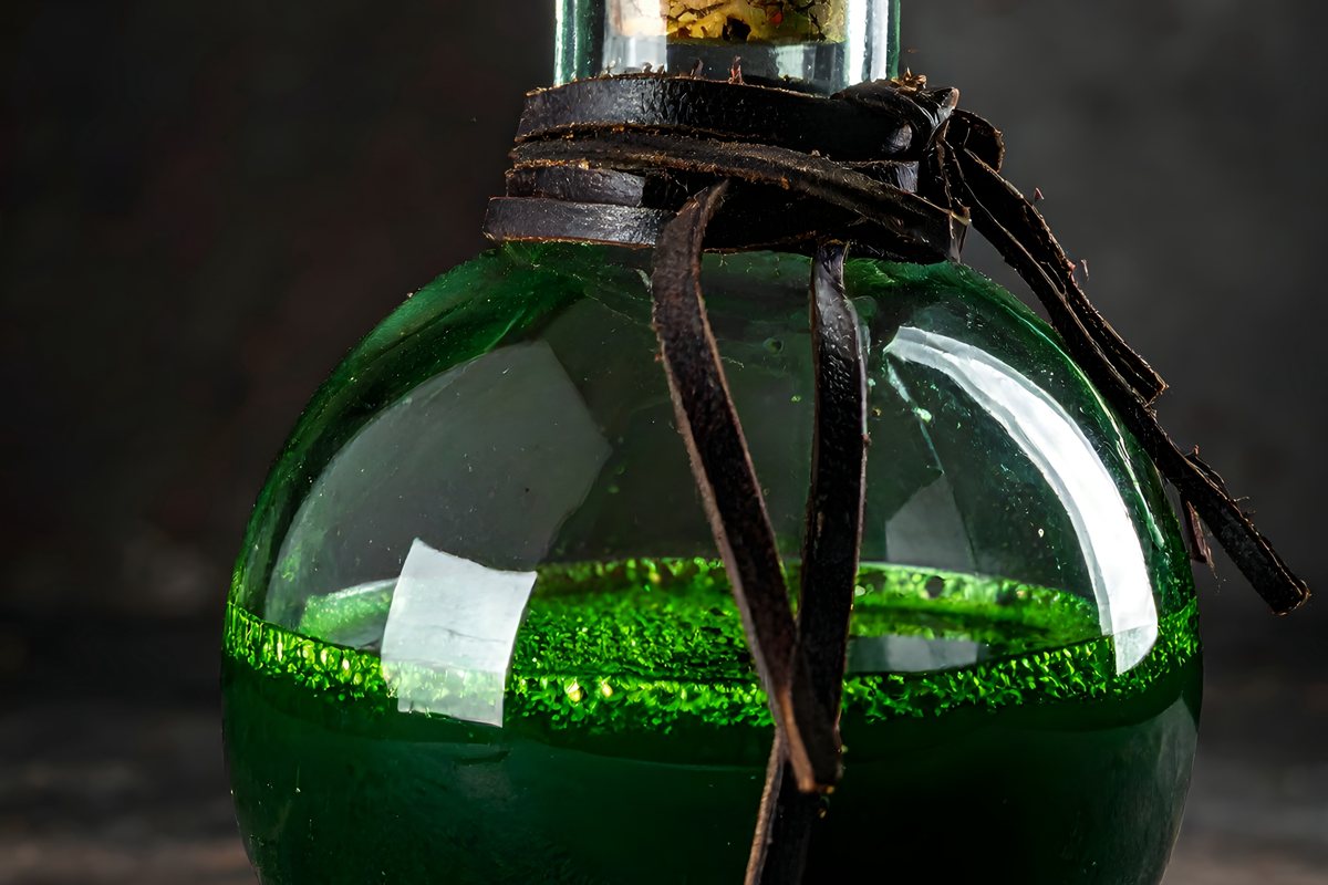 A round glass bottle of bright green liquid with a cork stopper and leather cord