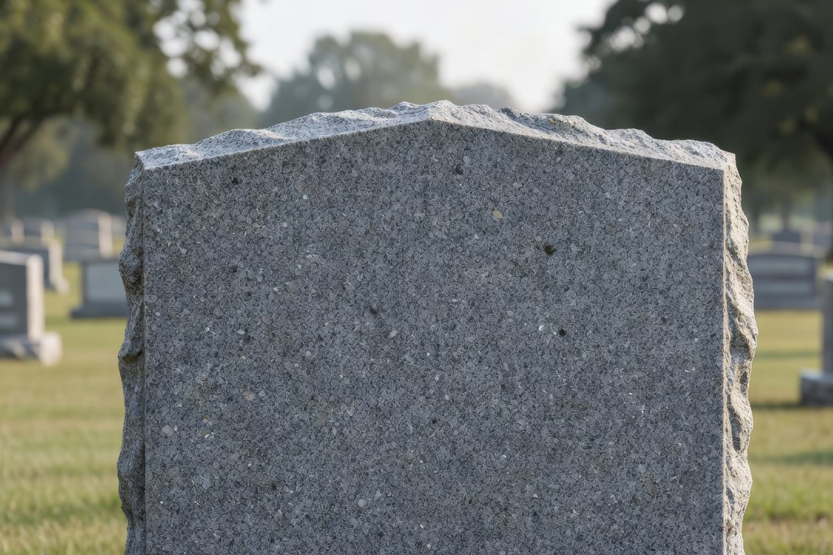 A plain grey granite headstone standing in short grass