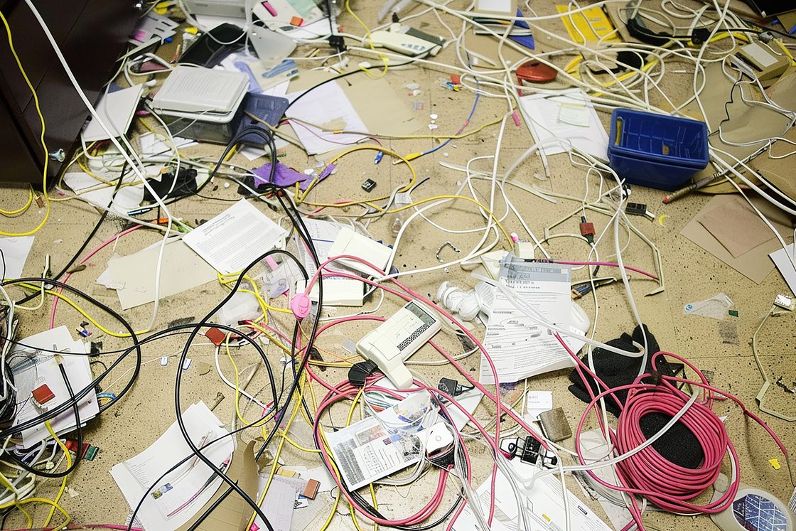 Lantai kantor yang dipenuhi kabel kusut, kertas berserakan, colokan, dan sebuah peti plastik.