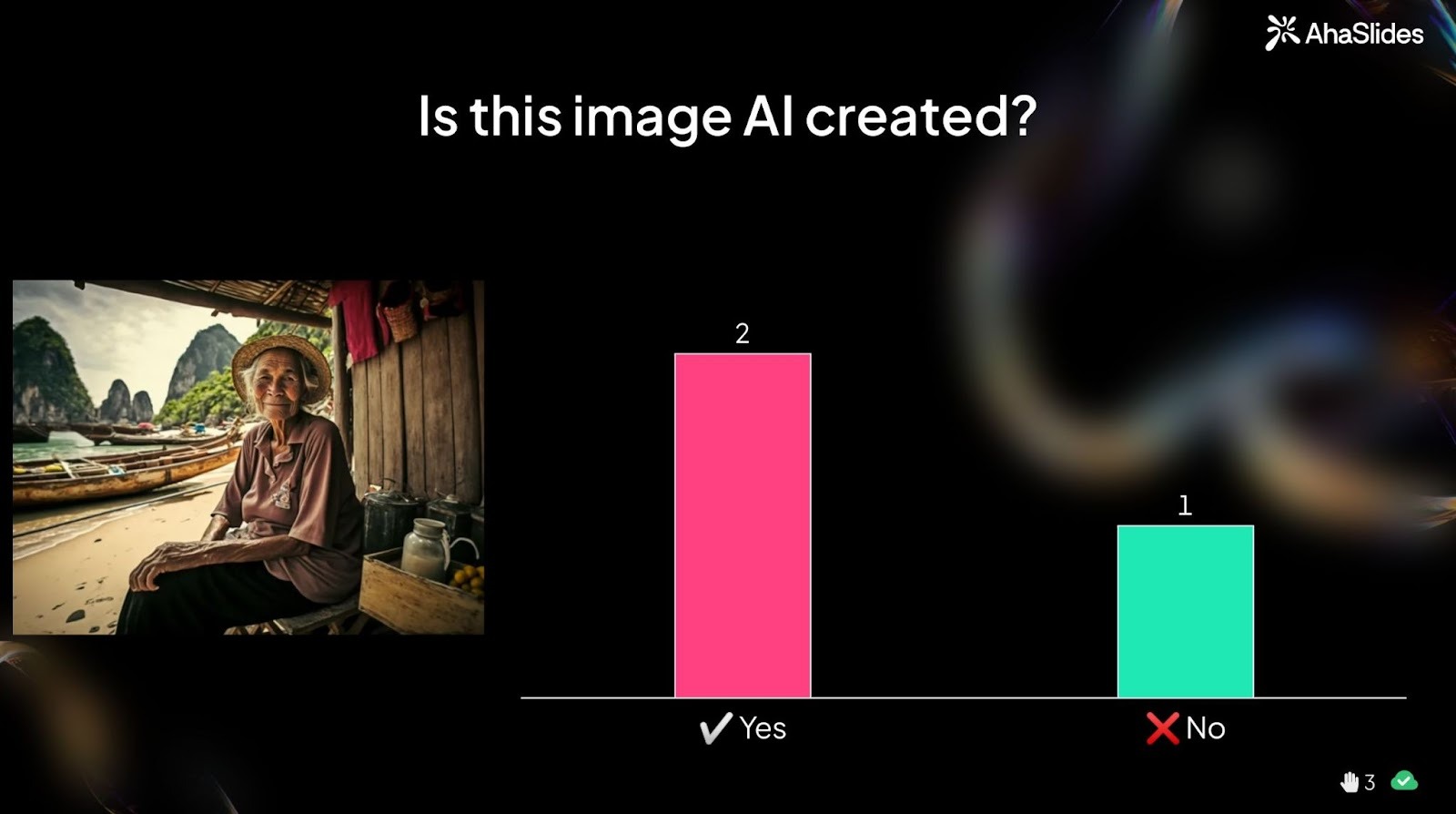 Ein Ja/Nein-Quiz, das fragt, ob das links angezeigte Bild KI darstellt oder nicht.