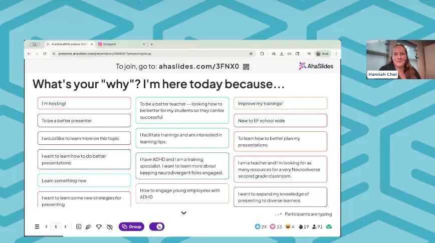 Hannah Choi mempresentasikan tentang AhaSlides untuk webinar Presentasi untuk setiap otak