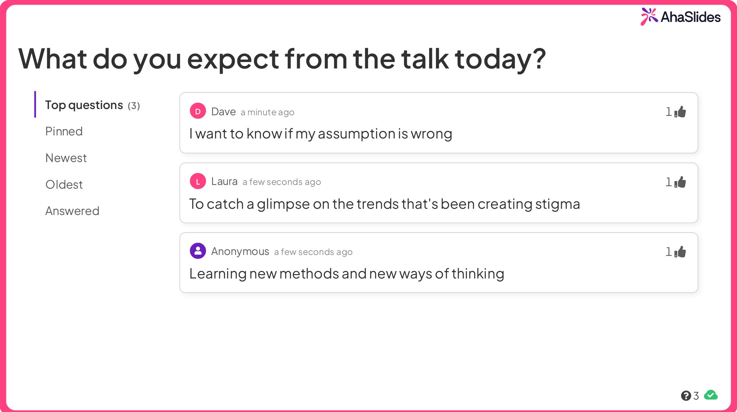 A Q and A slide asking the expectation of the participants at the start of the presentation