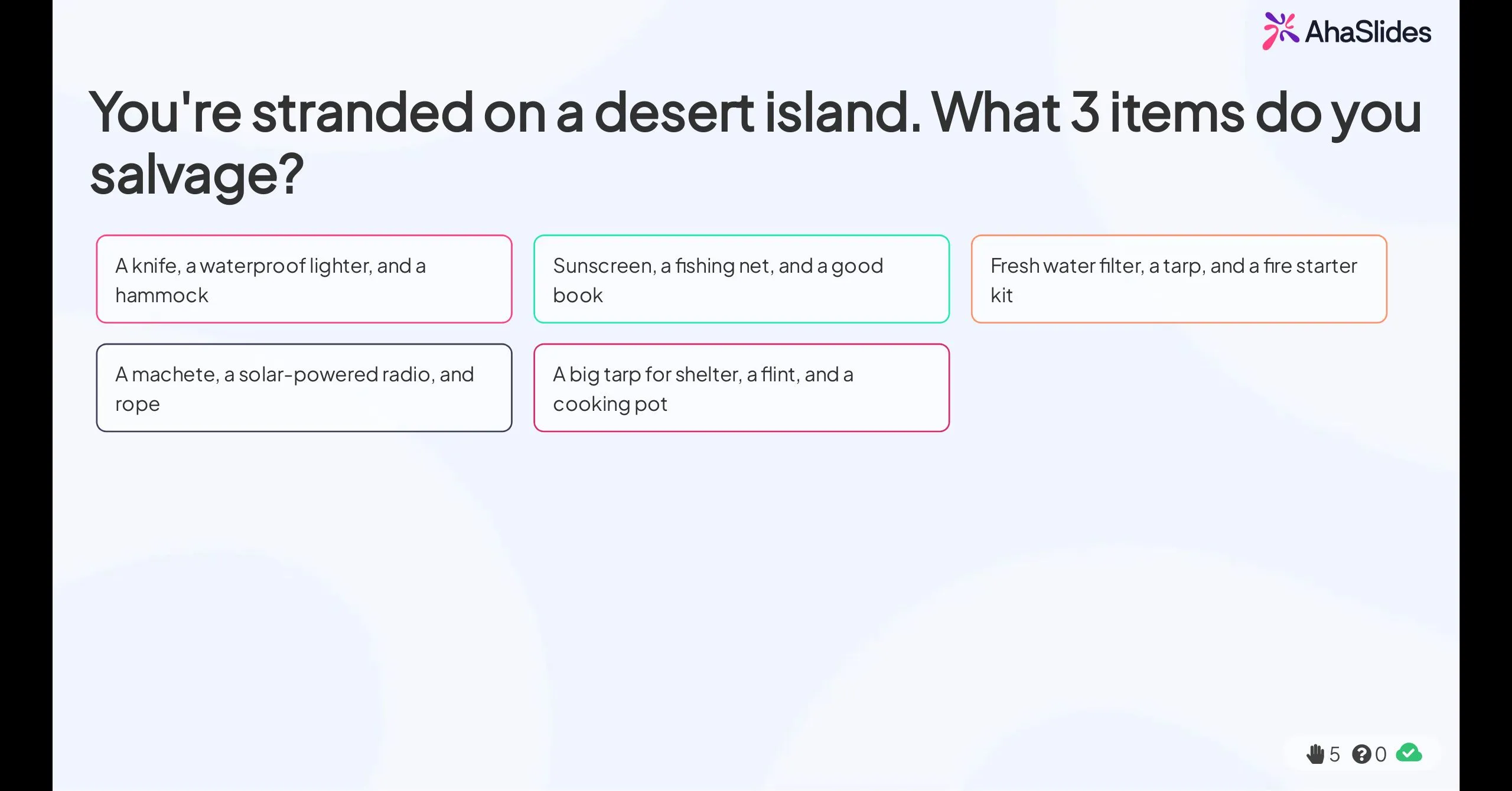 AhaSlides open-ended brainstorm slide with audience responses about desert island survival items