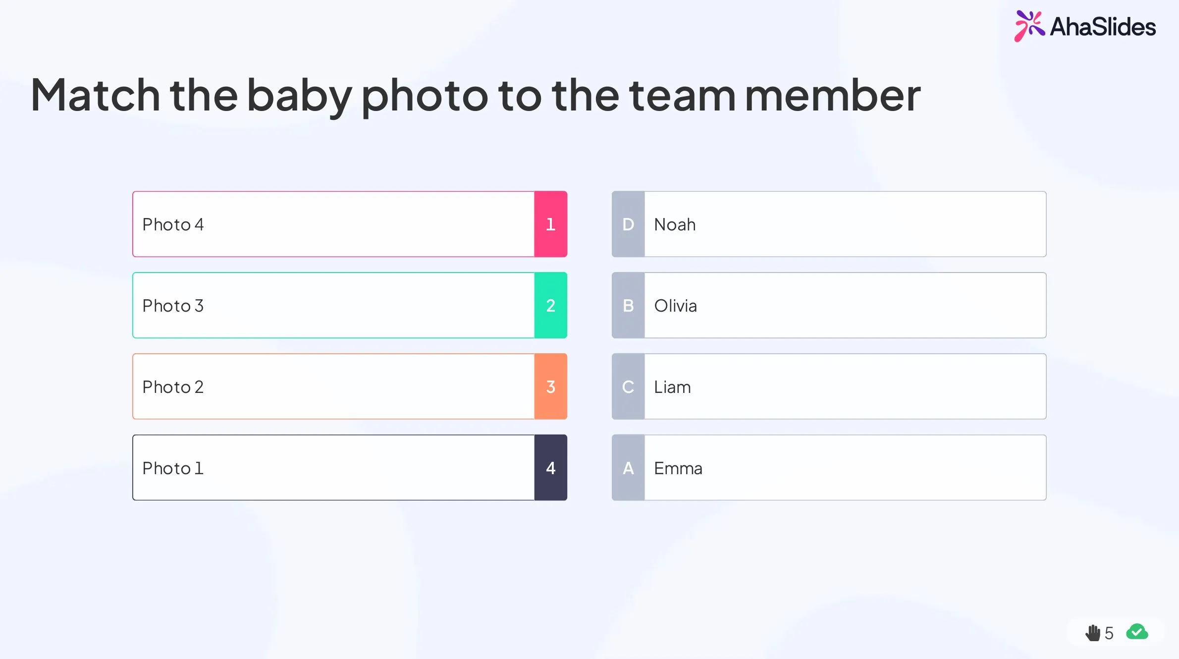 AhaSlides match pairs activity where participants match baby photos to team members