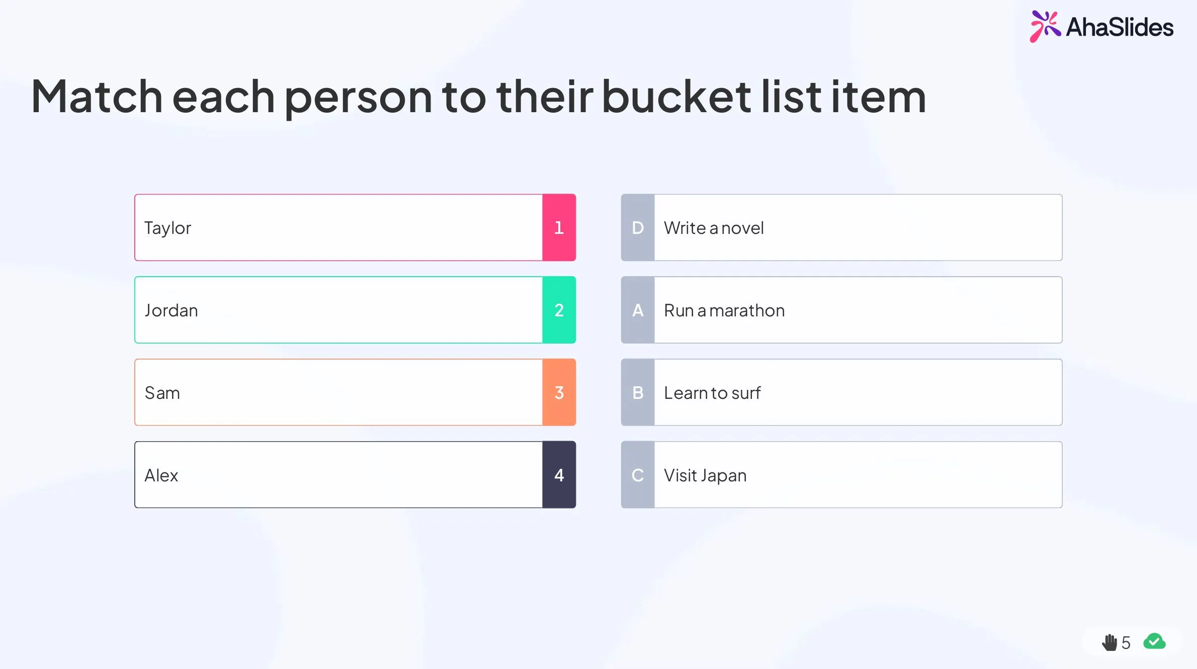 AhaSlides match pairs activity where participants match team members to their bucket list items