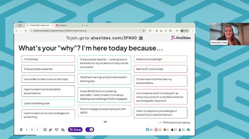 Hannah Choi presenterer på AhaSlides for webinaret Presentasjoner for alle hjerner