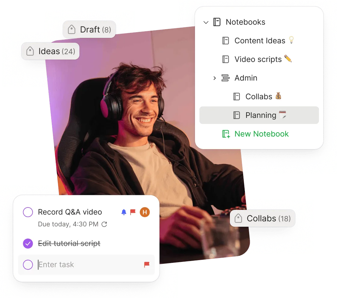 Evernote 筆記介面，顯示整理好的筆記本和筆記