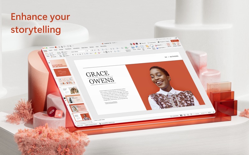Interfața editorului de prezentări Microsoft PowerPoint pe Mac care prezintă designul diapozitivelor
