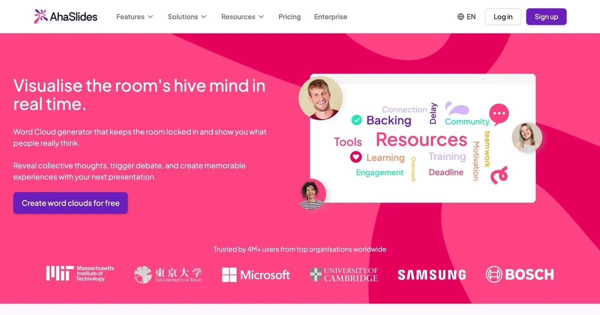 „AhaSlides“ žodžių debesies funkcijų puslapis, kuriame rodomas gyvas žodžių debesis su auditorijos atsakymais