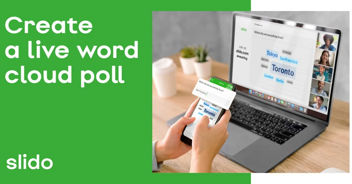 Slido žodžių debesies funkcija, rodanti tiesioginę žodžių debesies apklausą nešiojamajame kompiuteryje ir telefone