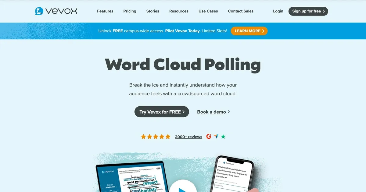 „Vevox“ žodžių debesies apklausų funkcijos puslapis su auditorijos įtraukimo įrankiais