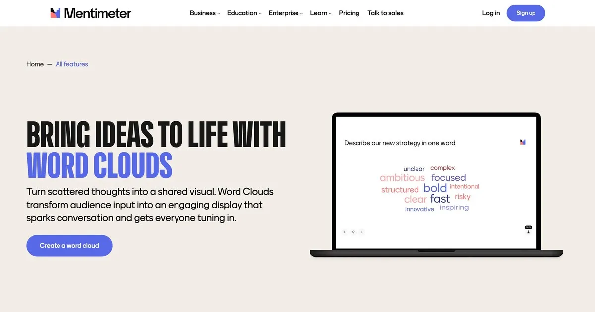 „Mentimeter“ žodžių debesies funkcijų puslapis, kuriame rodomas žodžių debesis nešiojamojo kompiuterio ekrane