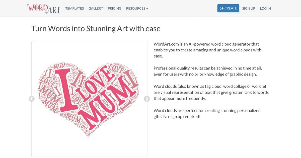 „WordArt.com“ pagrindinis puslapis, kuriame rodomas dekoratyvinis žodžių debesies dizaino įrankis