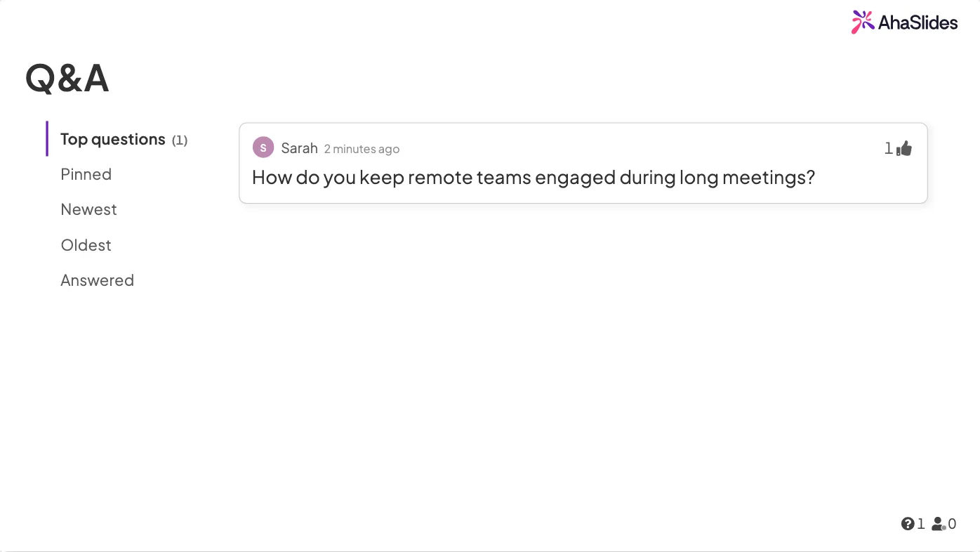 Slide di domande e risposte di AhaSlides che mostra una domanda inviata dal pubblico sul coinvolgimento dei team remoti.