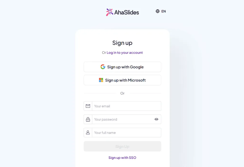 AhaSlides тіркелу мәзірі
