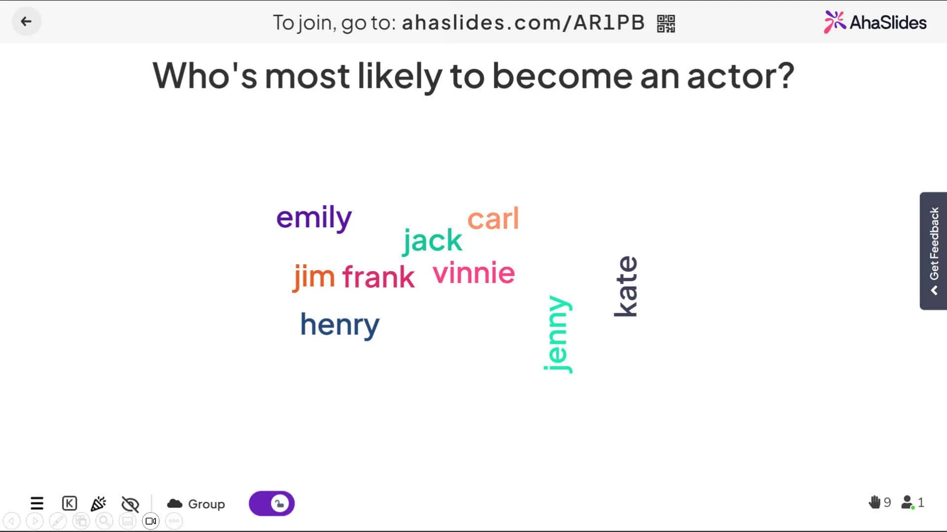 AhaSlides көмегімен аудиторияның тікелей жауаптарымен жаңартылатын сөз бұлты.