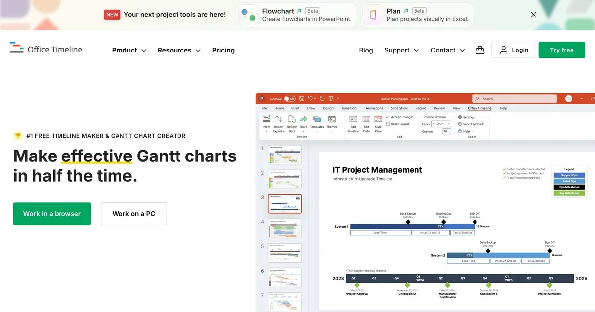 Office Timeline website showing professional Gantt chart and timeline creation for PowerPoint