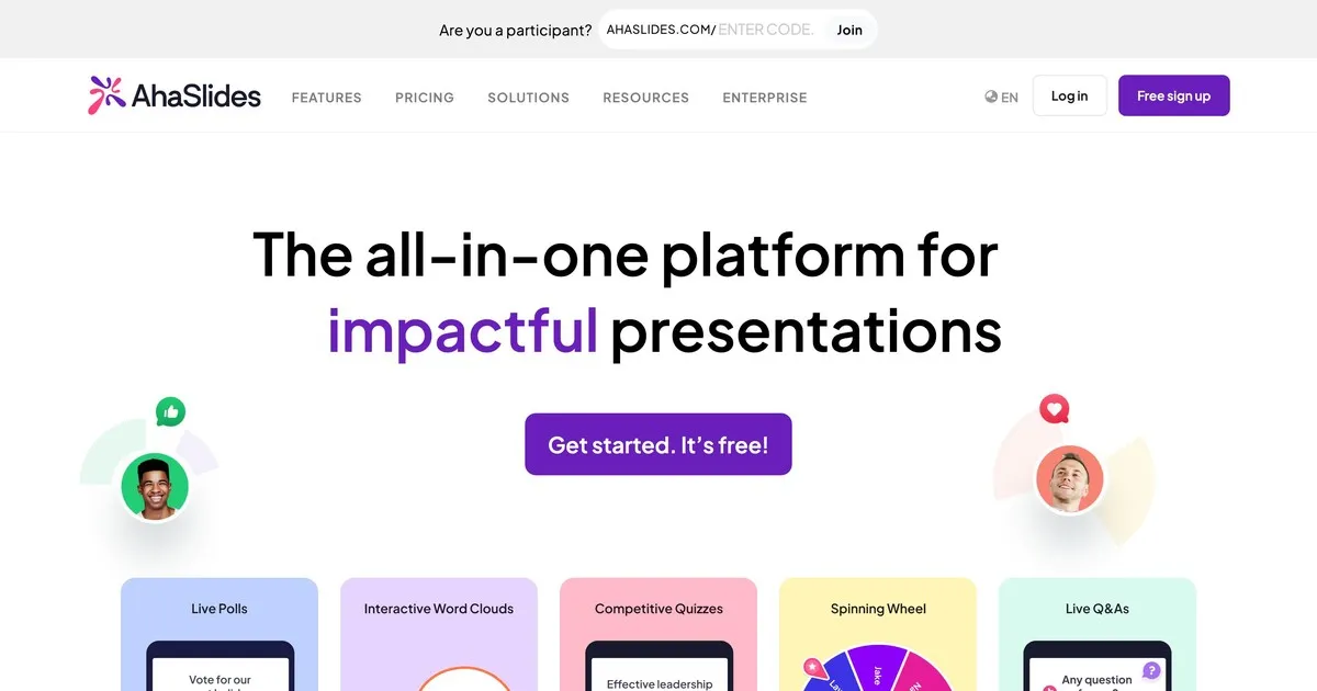 AhaSlides interactive presentation platform homepage showing live polls and audience engagement features