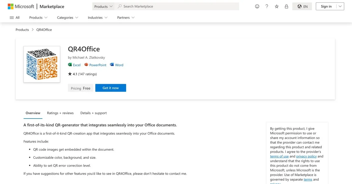 QR4Office add-in on Microsoft AppSource for embedding customizable QR codes in PowerPoint