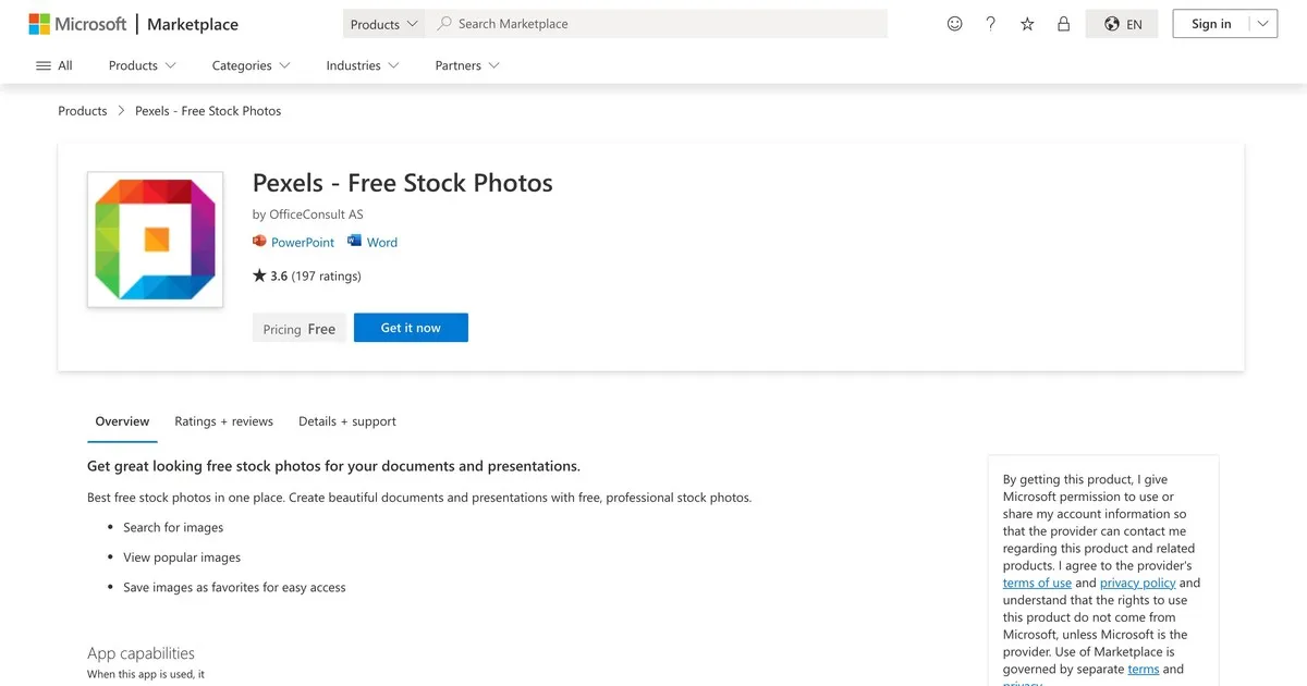 Pexels free stock photos add-in listing on Microsoft AppSource for PowerPoint