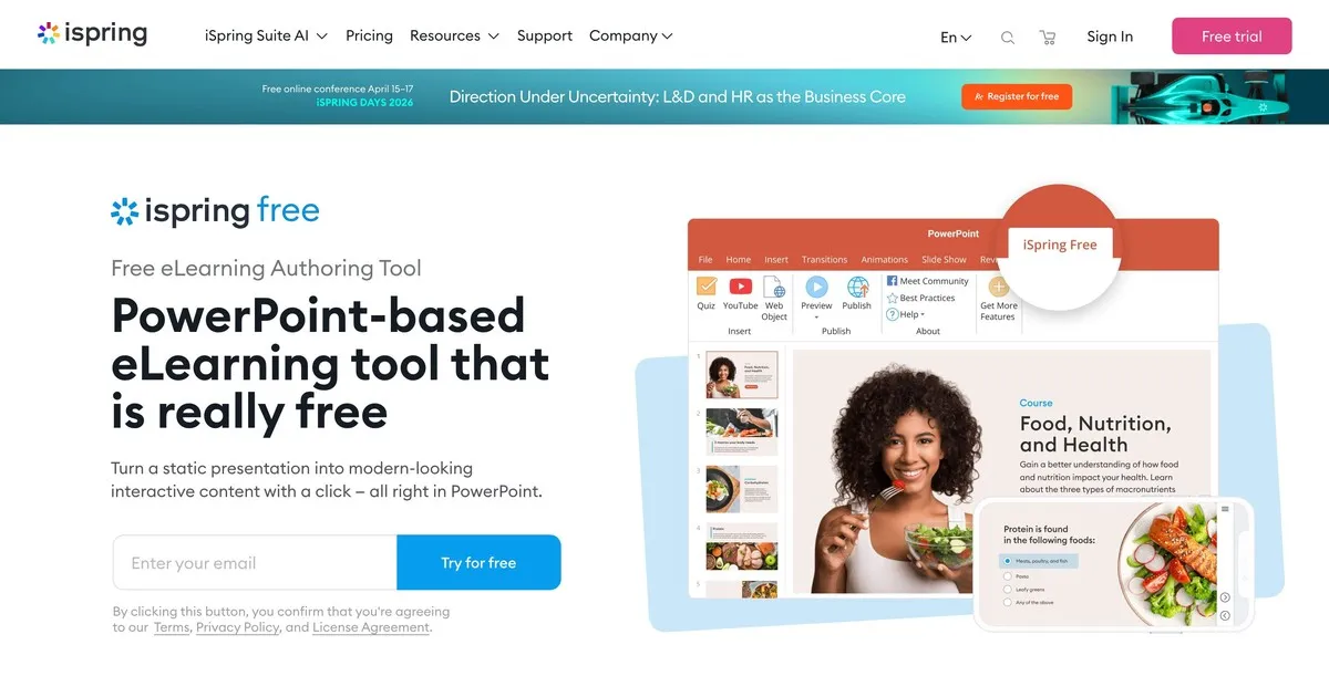 iSpring Free website showing PowerPoint to eLearning course conversion tool