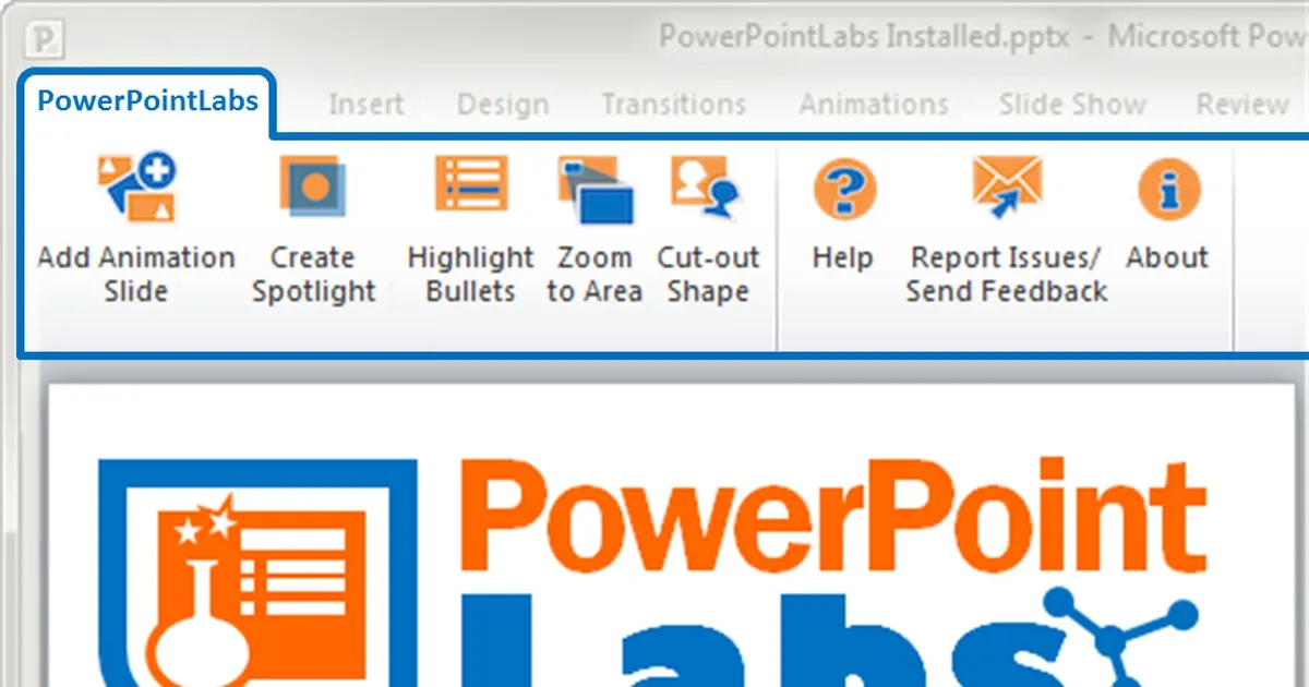 PowerPoint Labs add-in install page showing advanced animation and design features