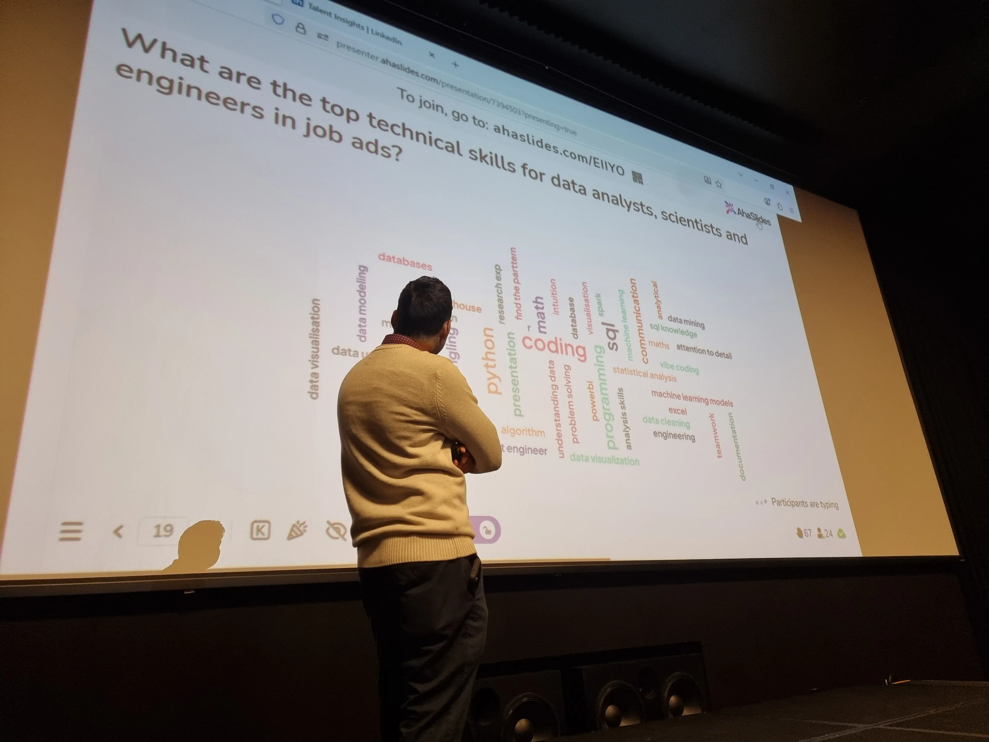 男性がプロジェクターを使ってAhaSlidesでプレゼンテーションを行っている。