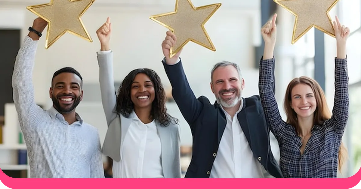 Four diverse employees holding gold stars celebrating achievement
