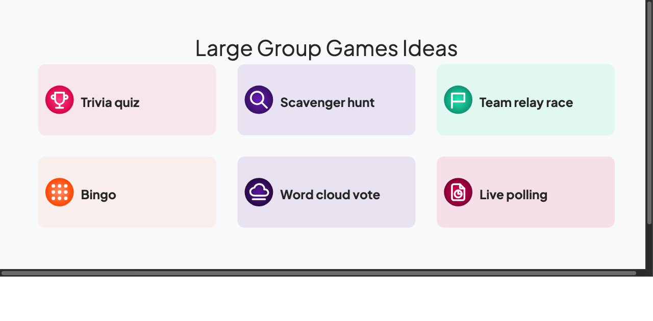Infographic showing 6 large group game ideas