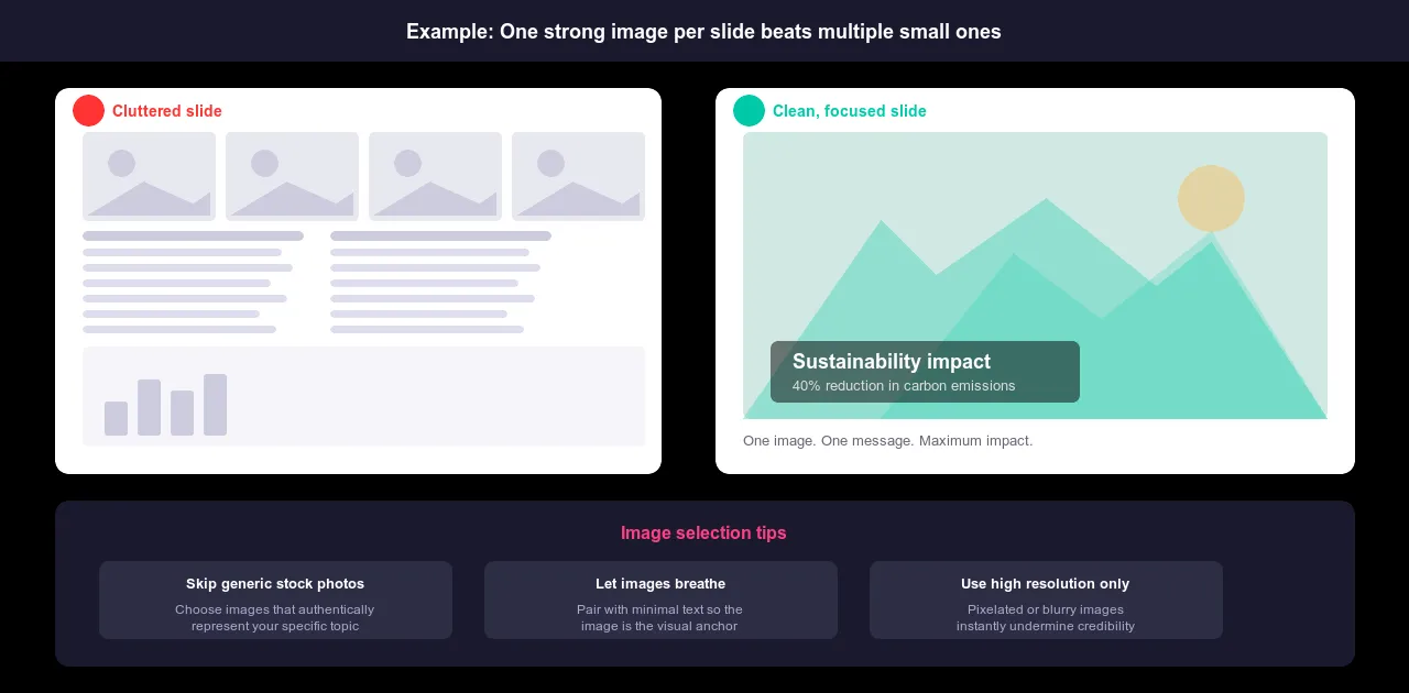 So sánh một slide lộn xộn với nhiều hình ảnh nhỏ và một slide gọn gàng, tập trung với một hình ảnh nổi bật cho thấy hiệu quả thị giác tốt hơn.