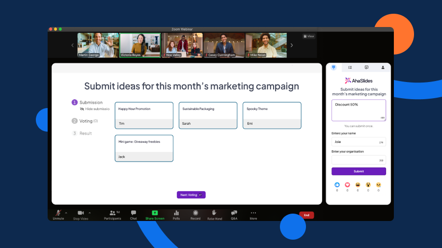 AhaSlides 头脑风暴活动在 Zoom 会议中进行，视频参与者可见。