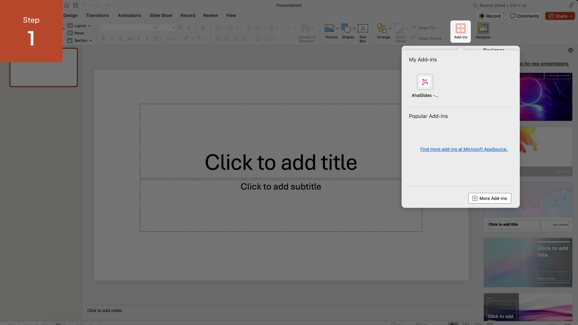AhaSlides 加载项面板在 PowerPoint 功能区中打开，提供交互式幻灯片选项。