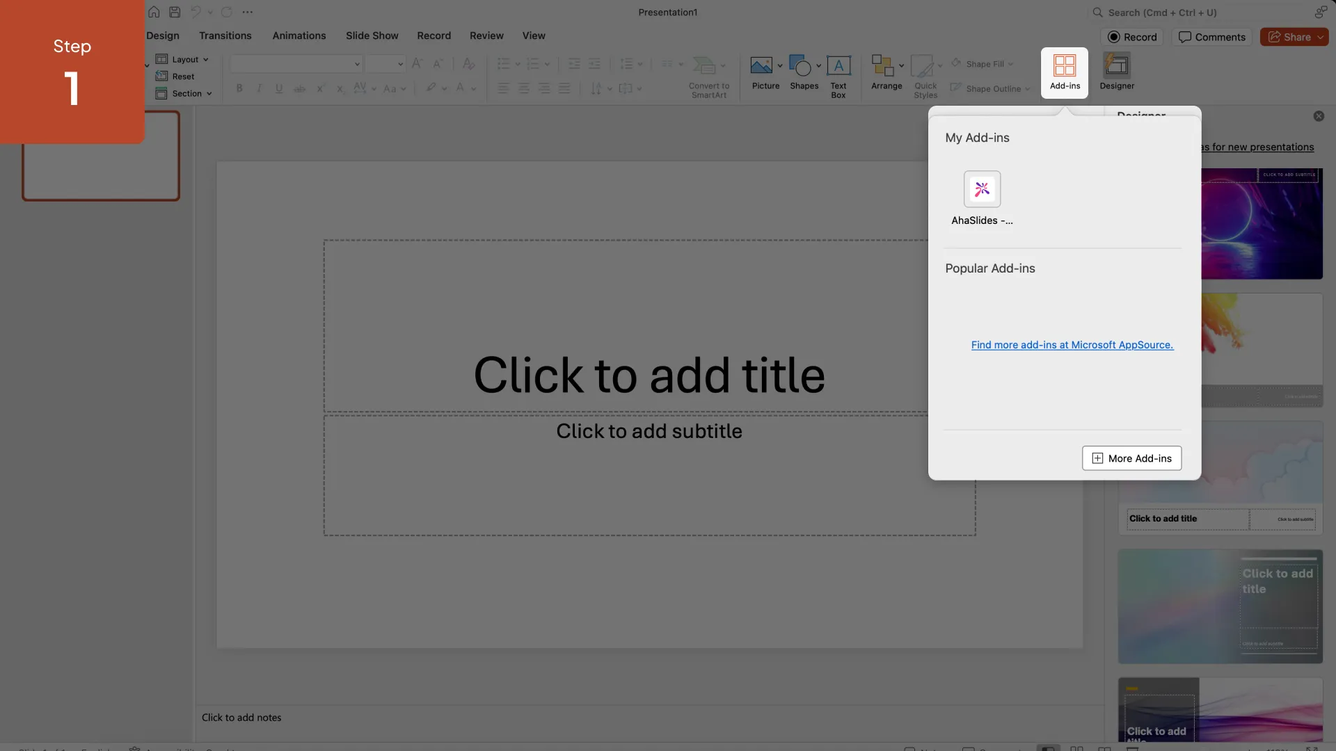 AhaSlidesアドインパネルがPowerPointのリボンに開き、インタラクティブなスライドオプションが表示されます。