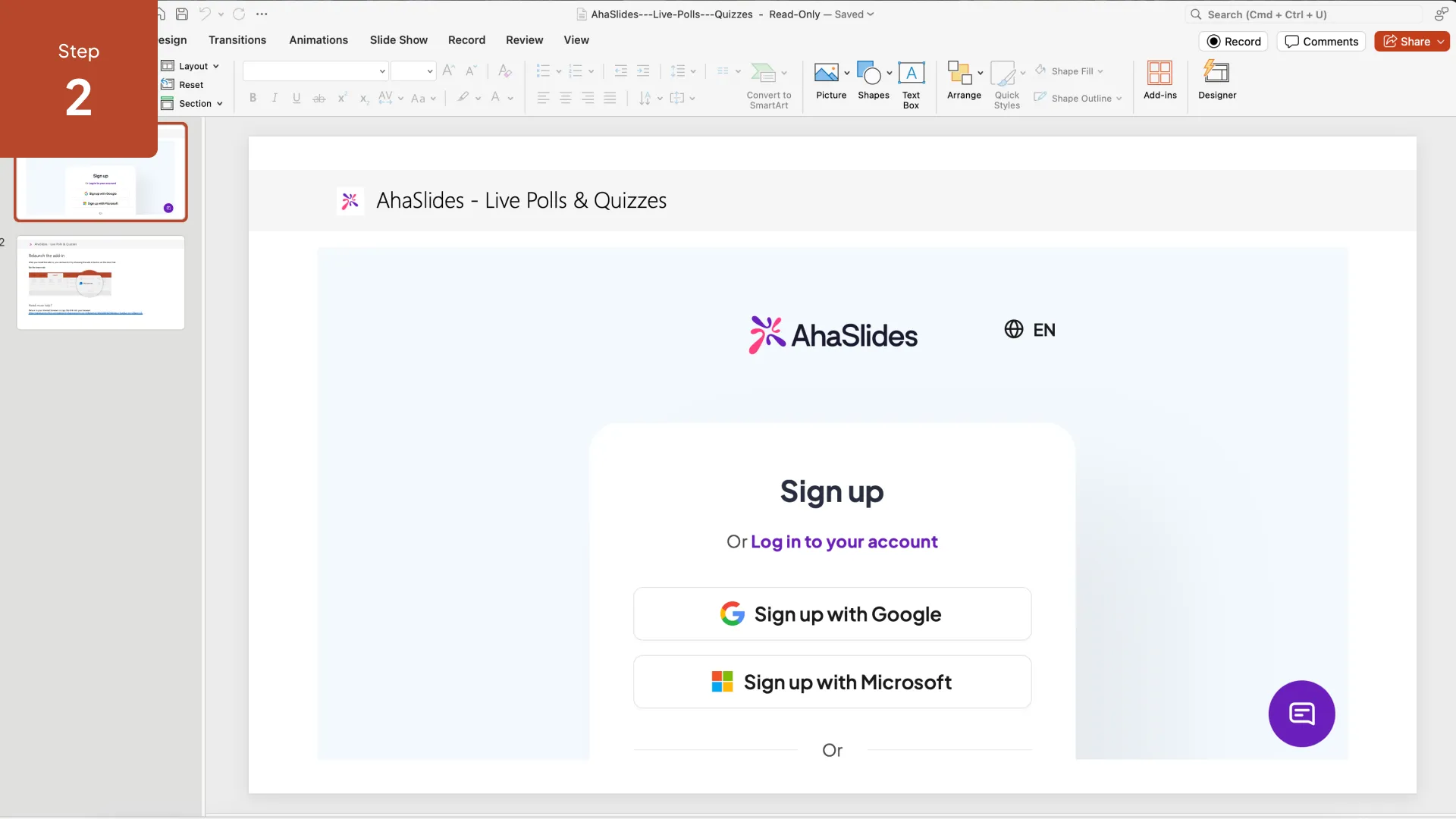 AhaSlidesのクイズスライドをPowerPointのスライドショービューに埋め込み、参加者用のQRコードを表示。