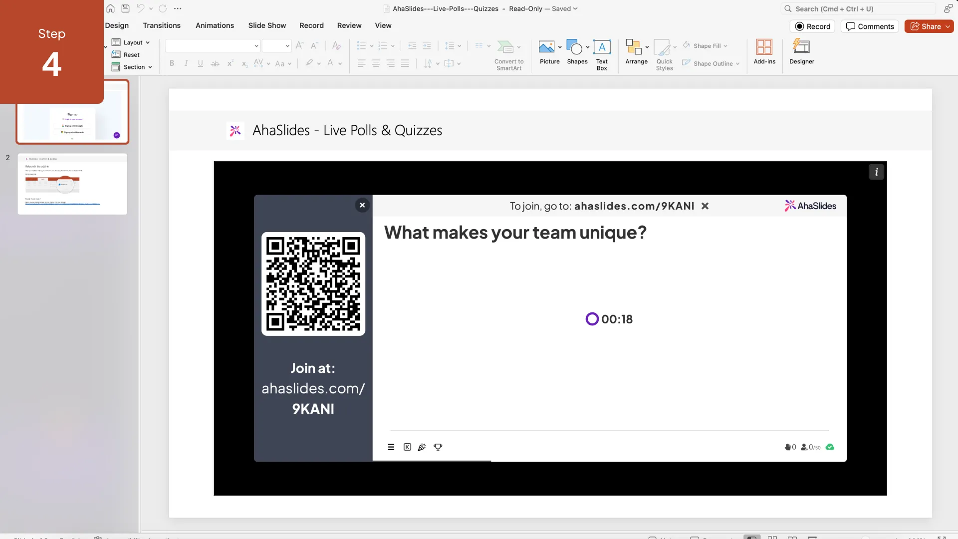 AhaSlidesのワードクラウドアクティビティの結果をPowerPointプレゼンテーションモードで表示します。