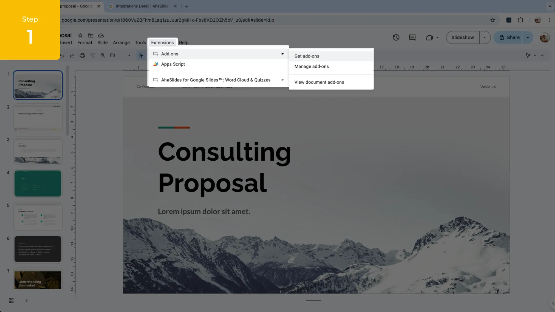 AhaSlides 插件面板在内部打开 Google Slides 提供多种活动选项。
