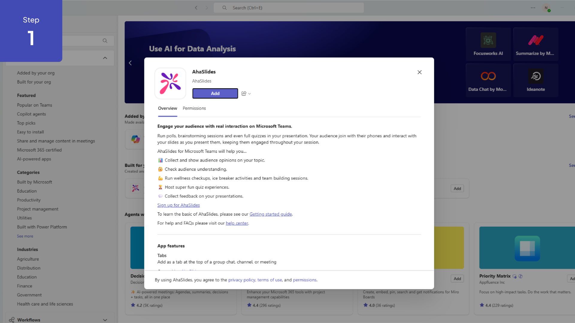 AhaSlides 词云显示 Microsoft Teams 会议侧边栏面板。