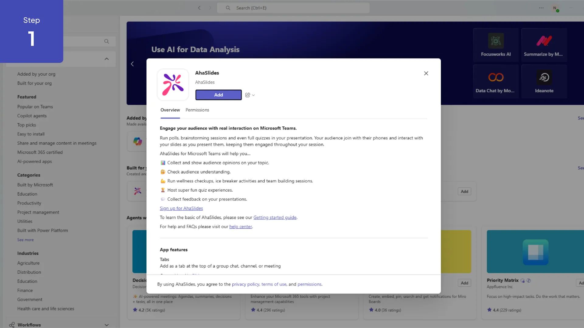 AhaSlidesのワードクラウドが表示されました Microsoft Teams 会議サイドバーパネル。