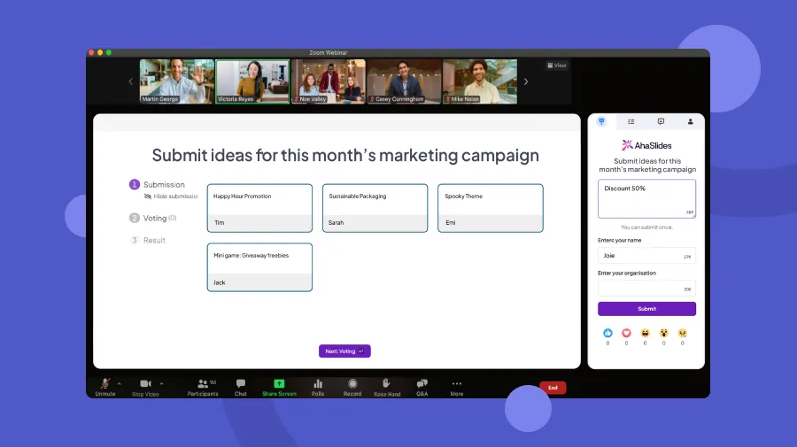 AhaSlides のブレインストーミングアクティビティが、 Microsoft Teams 参加者の意見を聞きながらの会議。