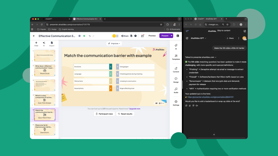 עורך מצגות AhaSlides פתוח לצד ChatGPT עם תוכן שקופיות חידון שנוצר על ידי בינה מלאכותית.