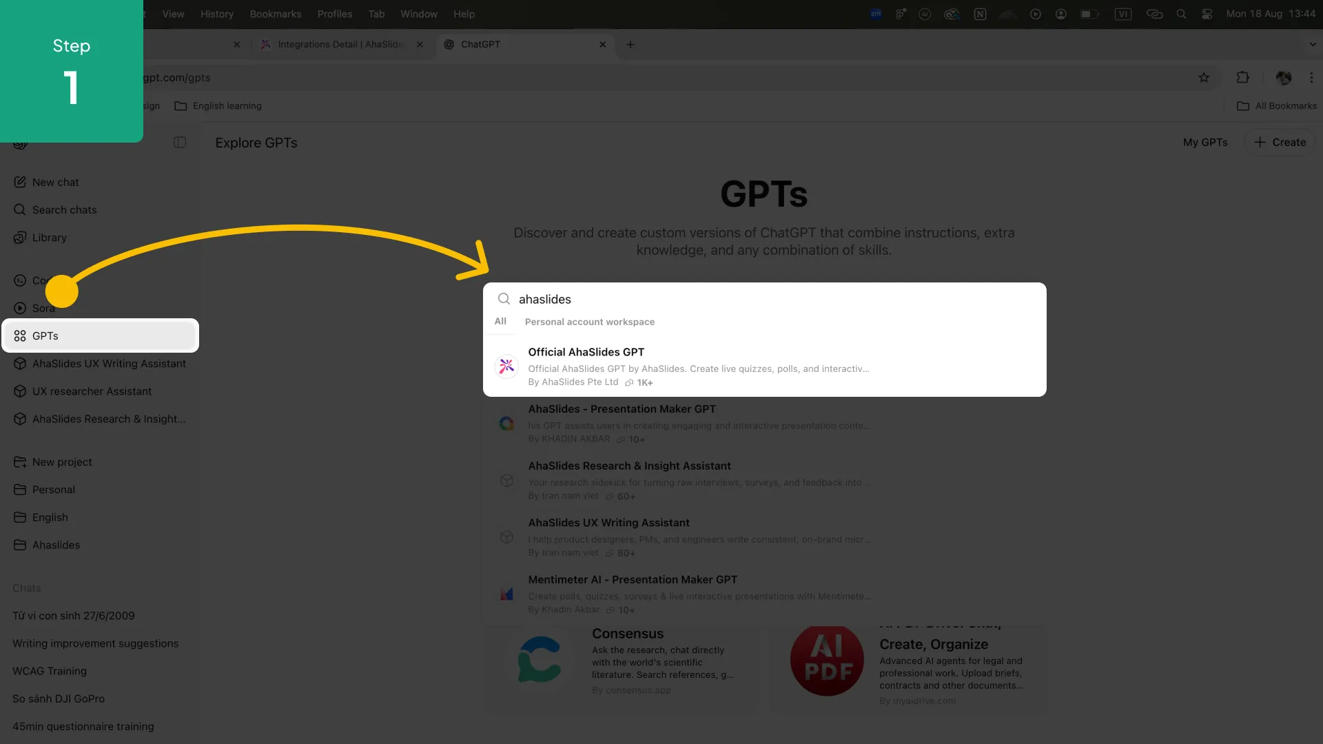ChatGPT प्लगइन का इंटरफ़ेस टेक्स्ट प्रॉम्प्ट से AhaSlides प्रेजेंटेशन जनरेशन को दर्शाता है।