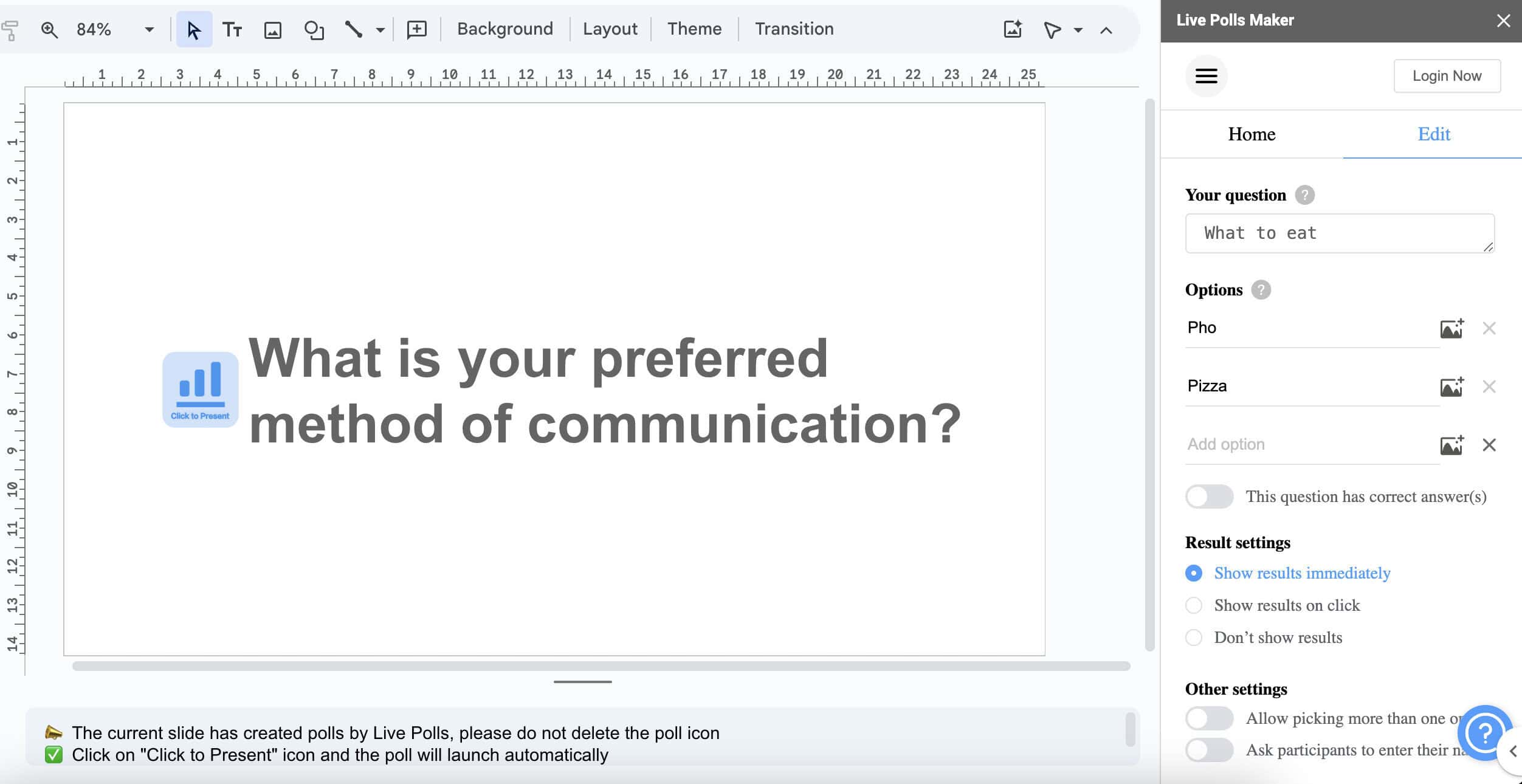 gränssnitt för skapare av live-omröstningar på Google Slides