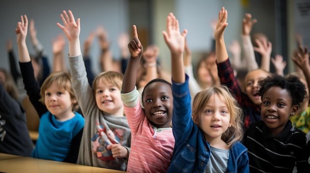 Students raising their hands in class