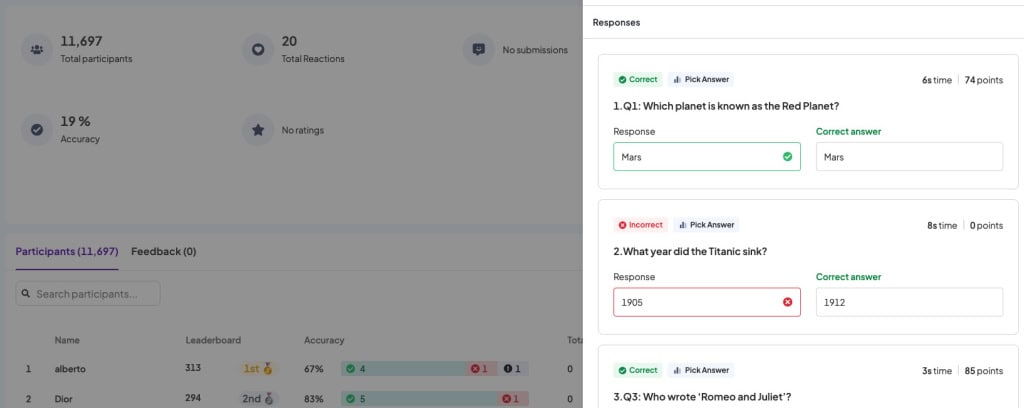 Ataskaita apie studentų viktorinos rezultatus „AhaSlides“ svetainėje