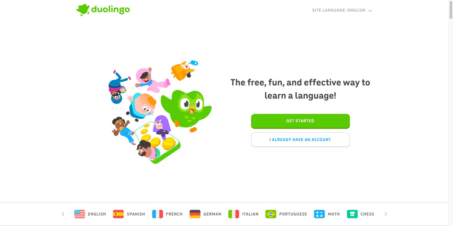 Duolingo homepage showing language learning gamification with streaks and leaderboards