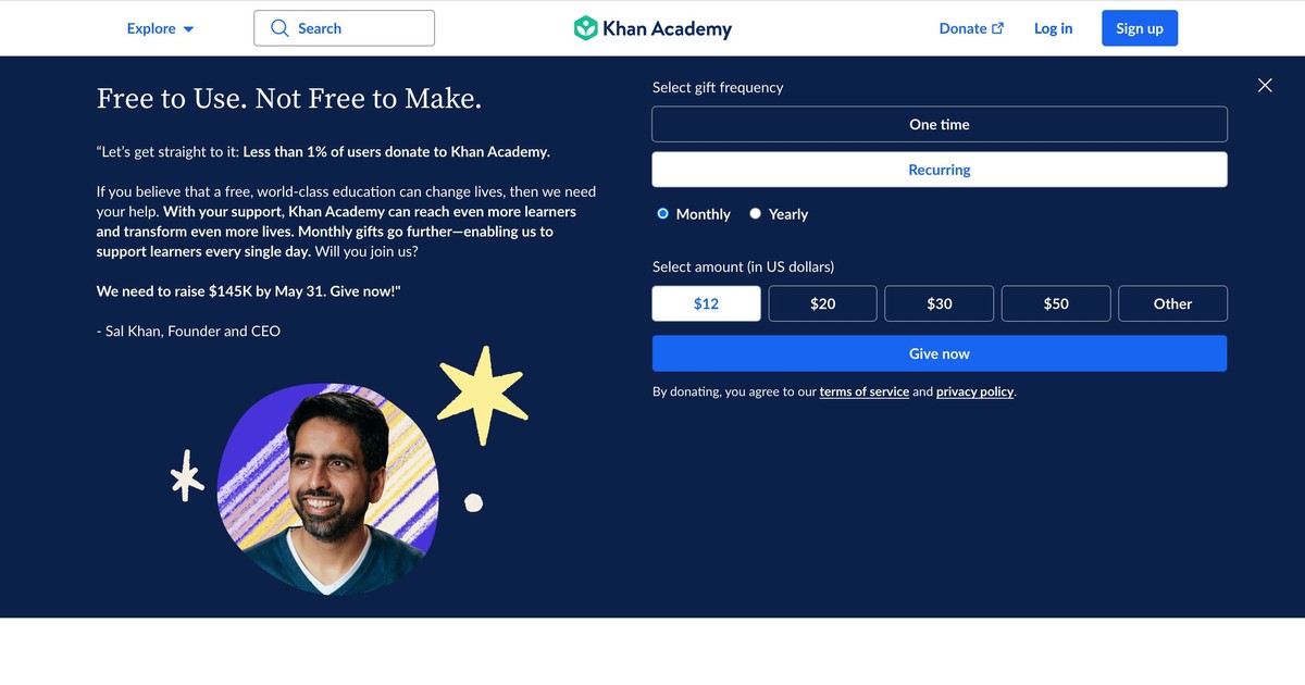 Khan Academy homepage showing mastery-based learning for students