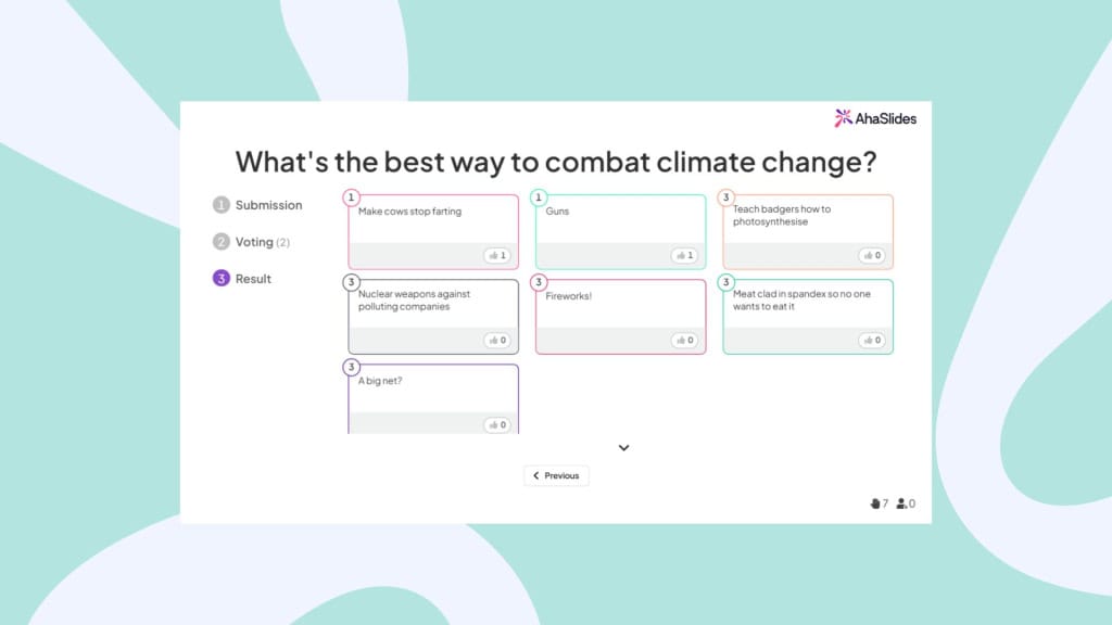 En brainstorm-dias på AhaSlides på udkig efter løsninger til at bekæmpe klimaændringer