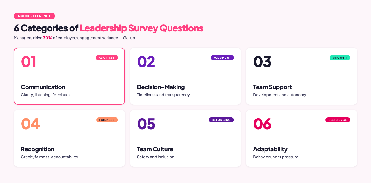 Infográfico mostrando as 6 categorias de perguntas da pesquisa de liderança.