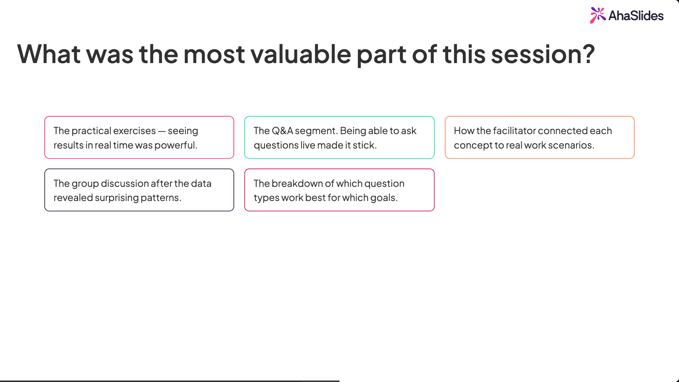 AhaSlides open-ended slide showing five audience responses about the most valuable session element
