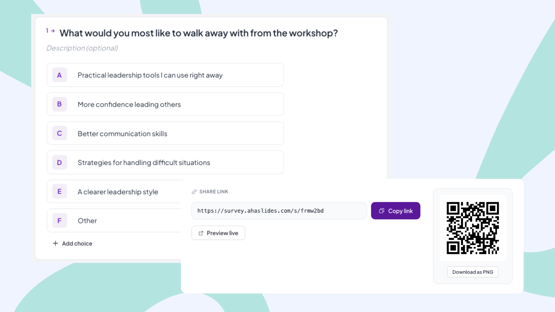 AhaSlides multiple-choice survey slide asking what attendees want to walk away with from the workshop